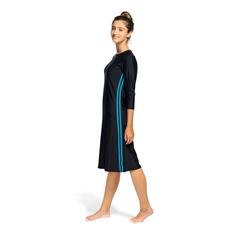 Woman Modest Tznius 3/4 Sleeve Athletic Swimdress Beach Cover up UPF 50+ Sun Protection (Reef in Black / Aqua)