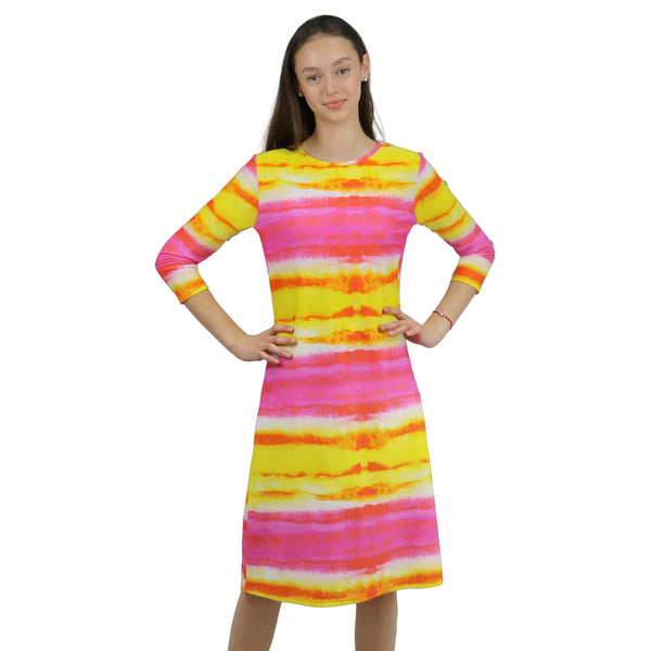 Woman Modest Tznius 3/4 Sleeve Athletic Swimdress Beach Cover up UPF 50+ Sun Protection (Batik in Pink / Yellow )