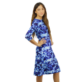 Girls Modest Tznius 3/4 Sleeve UPF 50+ Sun Protection bathing Suit Swimdress  (Batik in Blue Color )