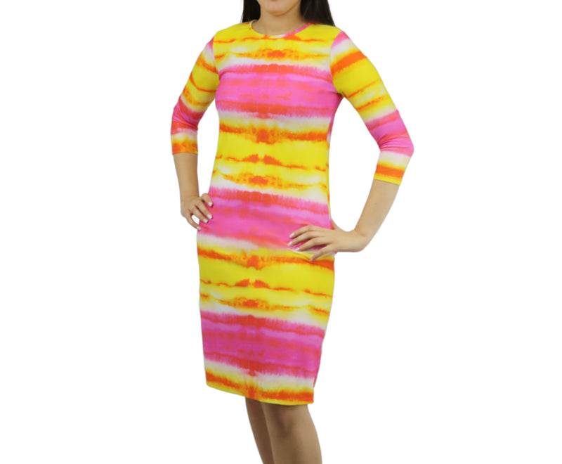 Woman Modest Tznius 3/4 Sleeve Athletic Swimdress Beach Cover up UPF 50+ Sun Protection (Batik in Pink / Yellow )