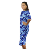 Girls Modest Tznius 3/4 Sleeve UPF 50+ Sun Protection bathing Suit Swimdress  (Batik in Blue Color )