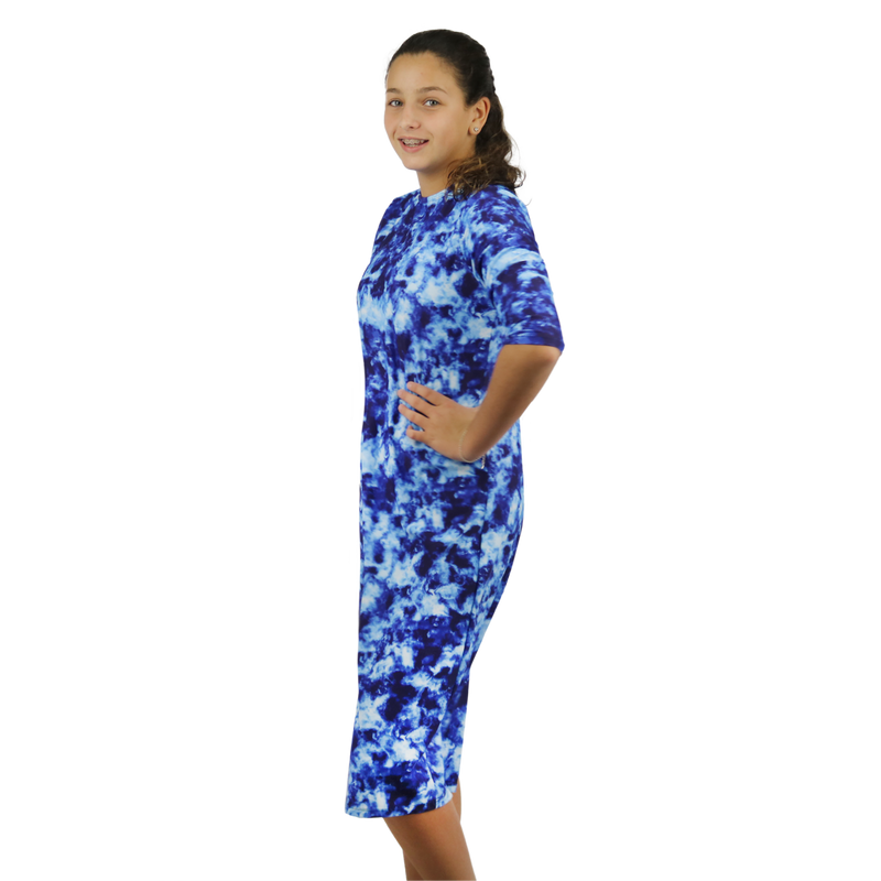 Girls Modest Tznius 3/4 Sleeve UPF 50+ Sun Protection bathing Suit Swimdress  (Batik in Blue Color )