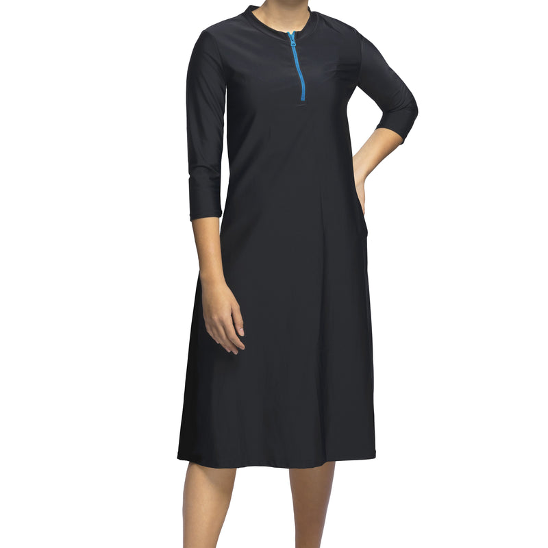 Woman Modest Tznius 3/4 Sleeve Athletic Swimdress Beach Cover up UPF 50+ Sun Protection (Bali in Black / Aqua Zipper)