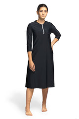 Woman Modest Tznius 3/4 Sleeve Athletic Swimdress Beach Cover up UPF 50+ Sun Protection (Bali in Black / White Zipper)