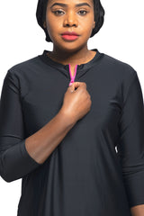 Woman Modest Tznius 3/4 Sleeve Athletic Swimdress Beach Cover up UPF 50+ Sun Protection (Bali in Black / Fuchsia Zipper )