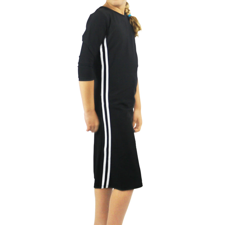 Girls Modest Tznius 3/4 Sleeve UPF 50+ Sun Protection bathing Suit Swimdress (Reef in Black / White)