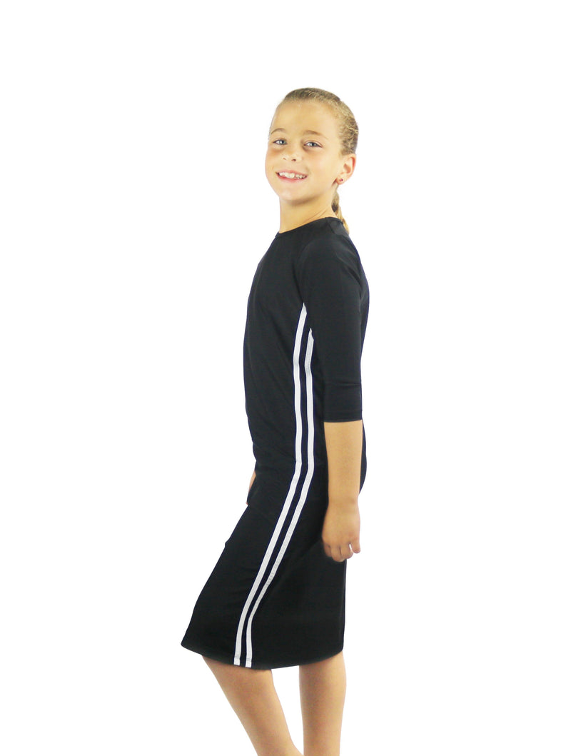 Girls Modest Tznius 3/4 Sleeve UPF 50+ Sun Protection bathing Suit Swimdress (Reef in Black / White)