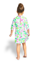 Girls / Toddler Two Piece Modest Tznius 3/4 Sleeve UPF 50+ Sun Protection Rash guard bathing Body & Skirt (Flamingo / Multi )