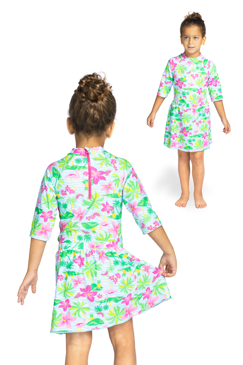 Girls / Toddler Two Piece Modest Tznius 3/4 Sleeve UPF 50+ Sun Protection Rash guard bathing Body & Skirt (Flamingo / Multi )